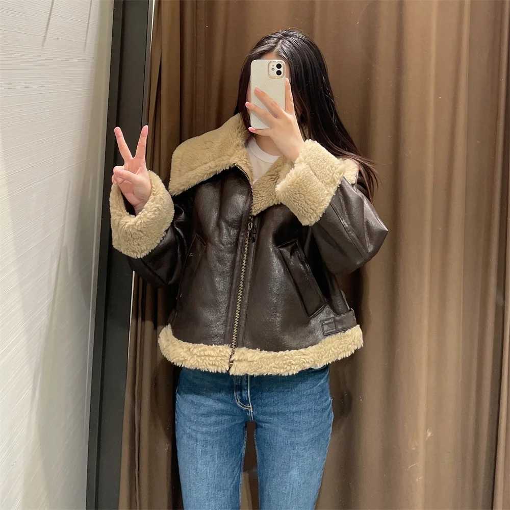 

2022 Cashmere Locomotive Jackets Women Loose Long Sleeve Zippers Thick Coats Autumn Winter Vintage Warm Female Short Jacket Coat