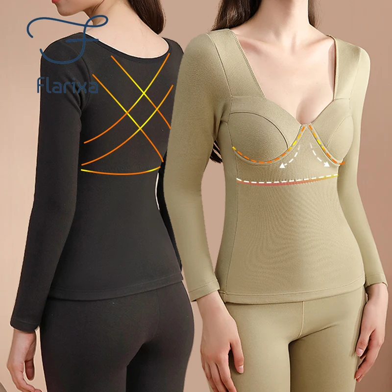 Flarixa Seamless Women's Thermal Underwear Double-sided Fleece Slimming Thermos Warm Lingerie White Bra Winter Clothes Women