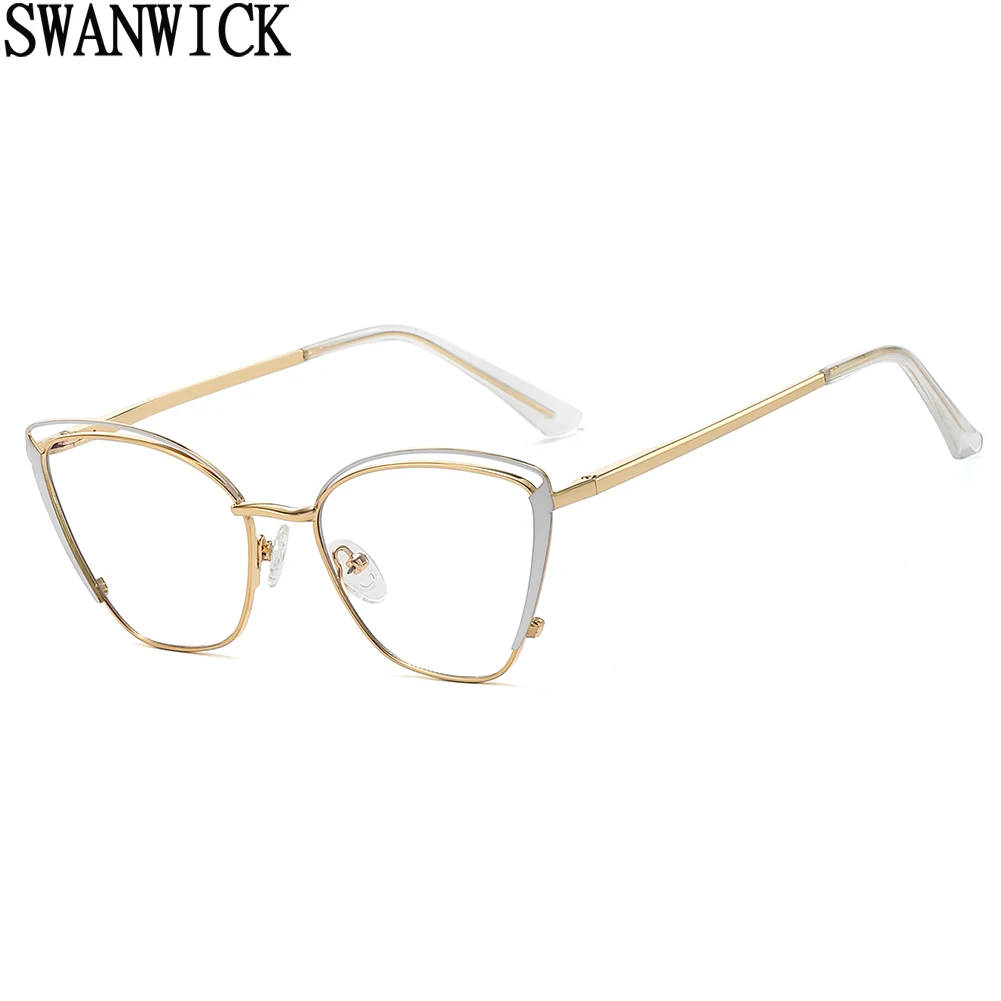 

Swanwick metal anti blue light blocking glasses female clear lens spring hinge cat eye glasses frame optical black gold fashion