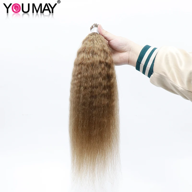 

Kinky Straight I Tip Human Hair Extensions Brazilian Virgin Hair 27# Color Golden Blonde Kinky Straight Microlinks Extension