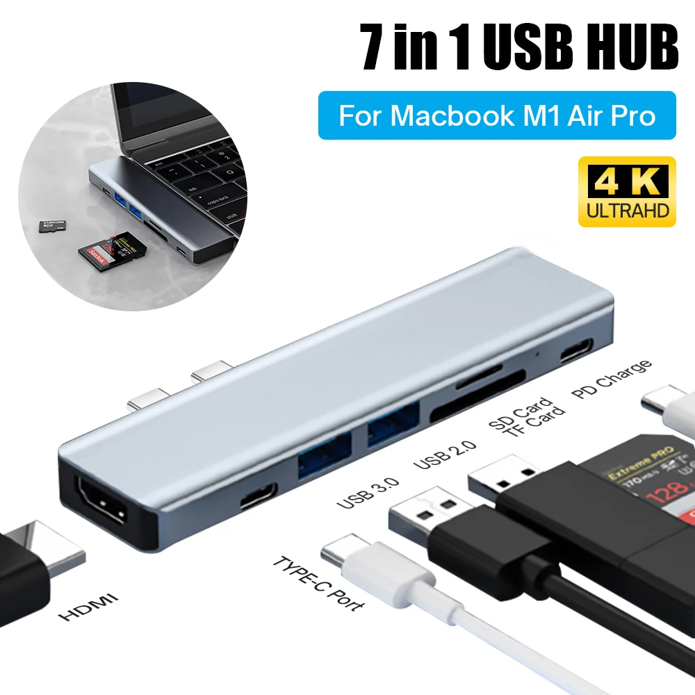 

7 In 1 USB C Hub for MacBook M1 Air Pro USB 3.0 Adapter HDMI-Compatible 4K TF SD Card Reader 87W PD Charge MacBook Accessories