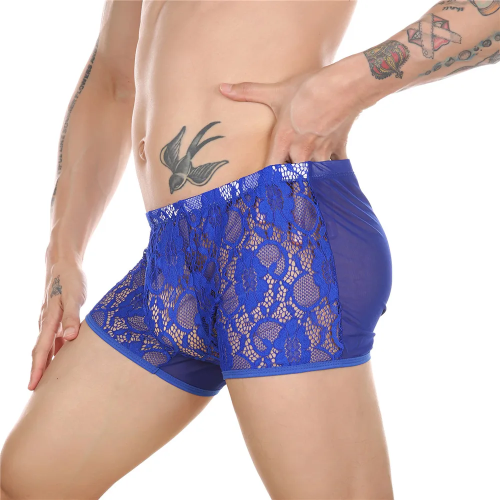 

Sexy Mens Boxers Underwear Gay Lace Sissy Panties Bulge Pouch Boxershorts Mesh Transparent Underpants Trunks Erotic Boxer Shorts