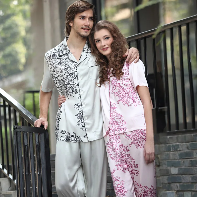 Men's Pyjama Set Short-Sleleve Silk Satin Pajamas for Couples Printed Couple Pajamas Men & Women Matching Sleep & Lounge Wear