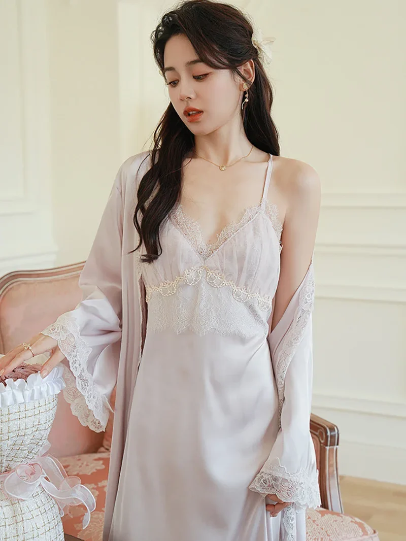 Женская шелковая ночная рубашка с длинным рукавом весна-осень