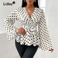 v neck office lady fashion chiffon dot pattern lacing pullover tunic summer new womens clothing flare sleeve elegant grace tops