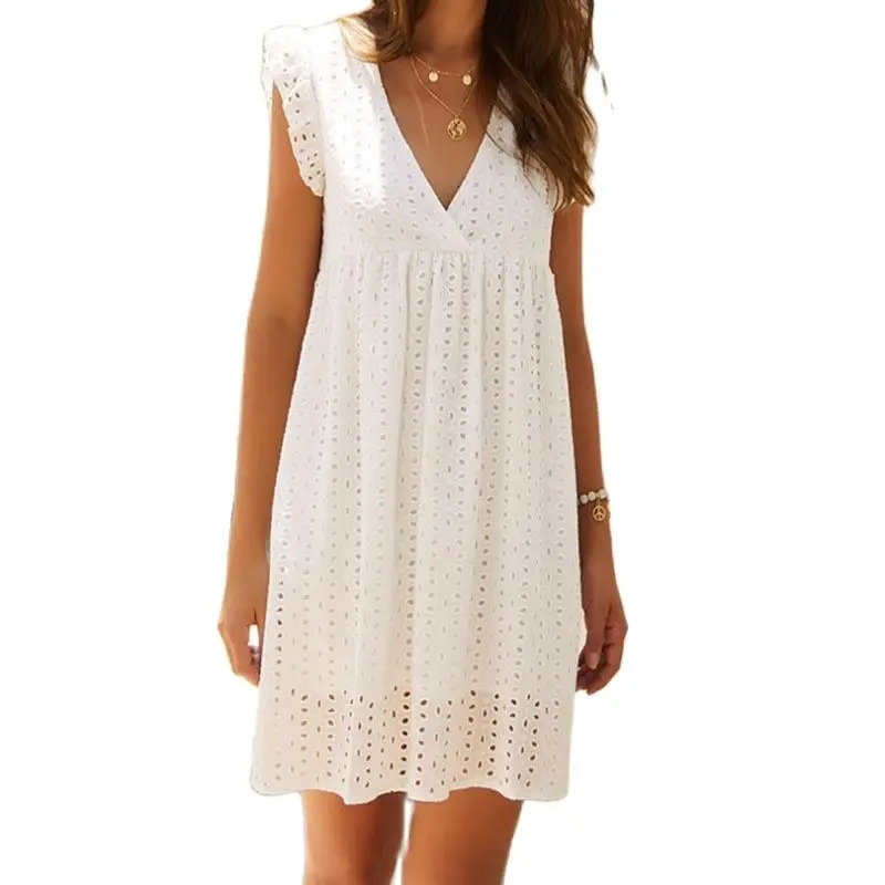 

15/5000 Fashion V-neck cut-out sleeveless lace dress in solid color