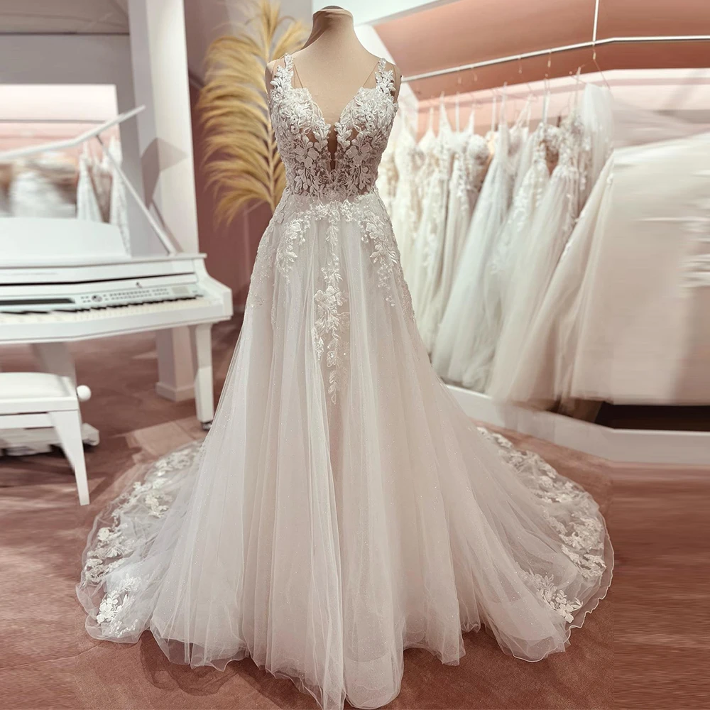 

BEPEITHY Princess V Neck Beach Wedding Dresses Sleeveless 2023 Sexy Open Back A Line Lace Bride Ivory White Bridal Gown Vestidos