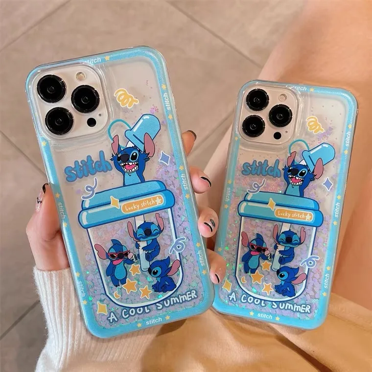 

Cartoon Disney Stitch Quicksand Phone Cases For iPhone 13 12 11 Pro Max XR XS MAX 8 X 7 SE Couple Anti-drop Soft Cover Fundas