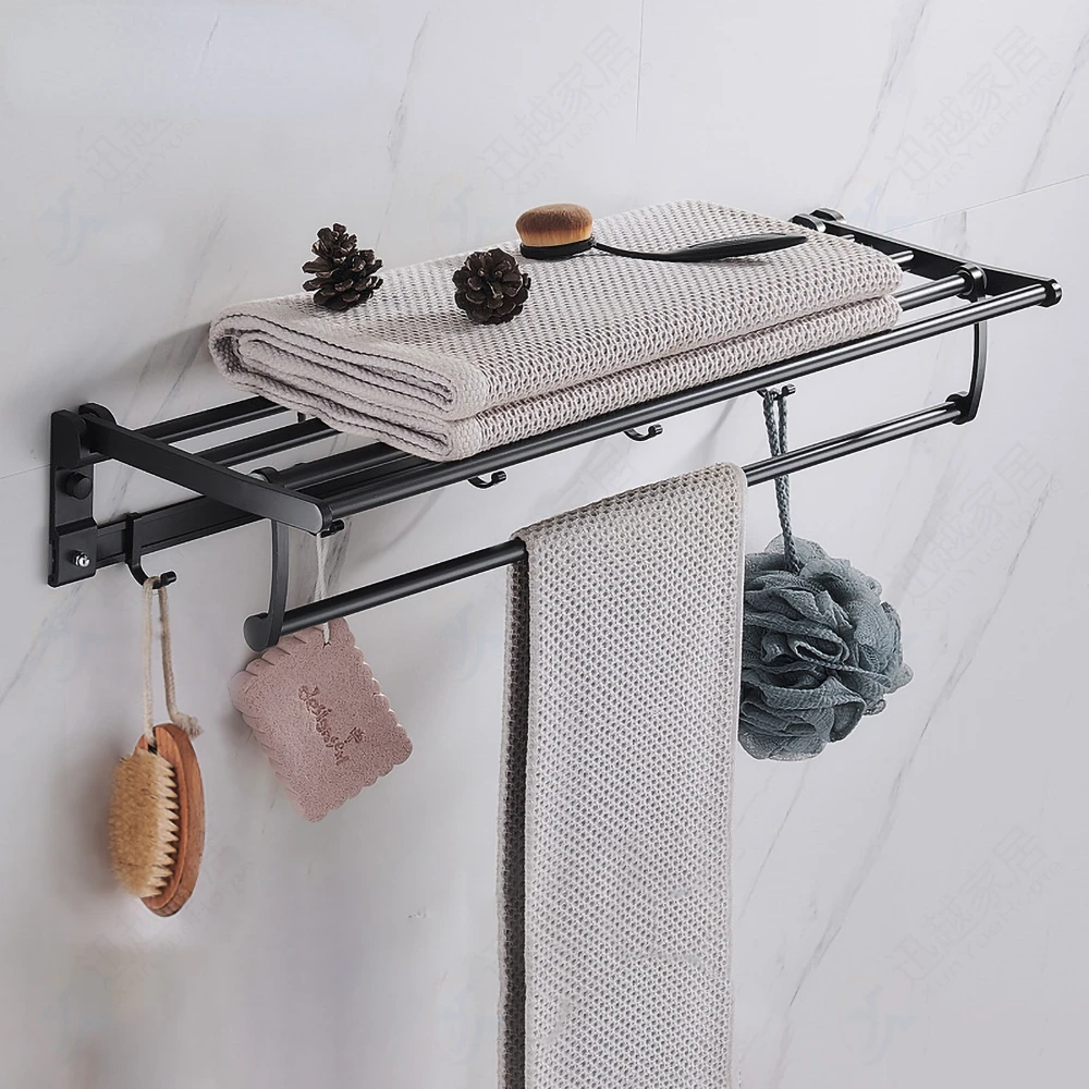 

Aluminum Towel Rack With Movable Hook Shower Holder Bathroom Accessories Folding Wall Organizer Hanger Matte Black Storage Shelf