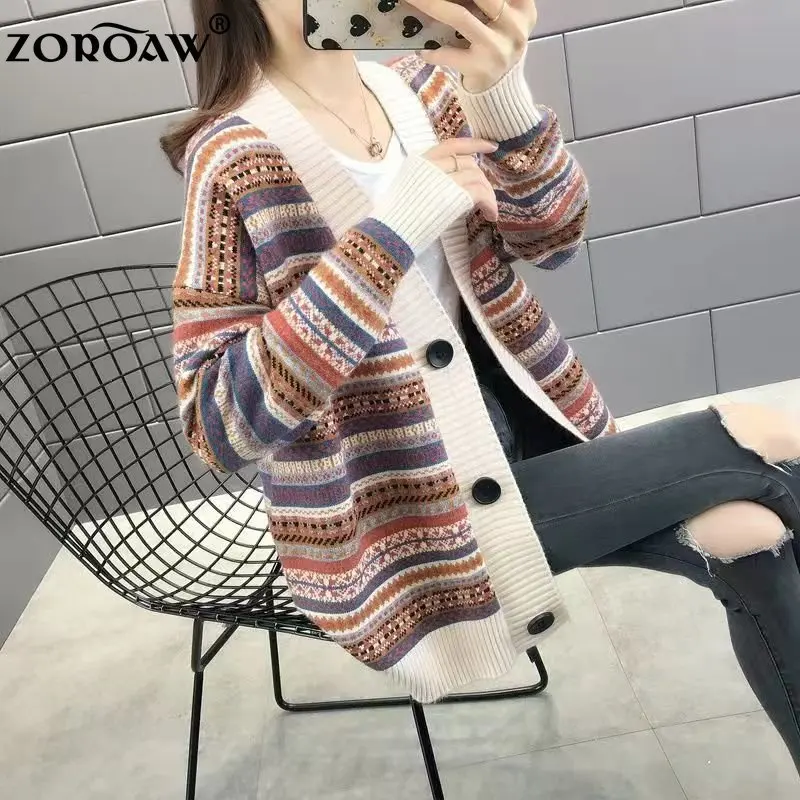 

Винтажный полосатый модный вязаный кардиган, свитер, женский осенне-зимний свободный однобортный Топ с длинным рукавом, пальто, женская оде...