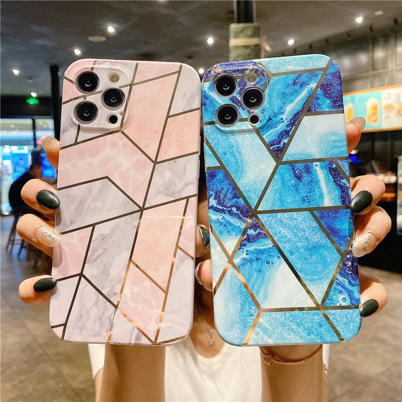 

Phone Case For iPhone 13 12 Mini 11 Pro XS Max X XR 7 8 6S 6 Plus SE 2020 Silicone Soft TPU Geometric Plating Marble Back Cover