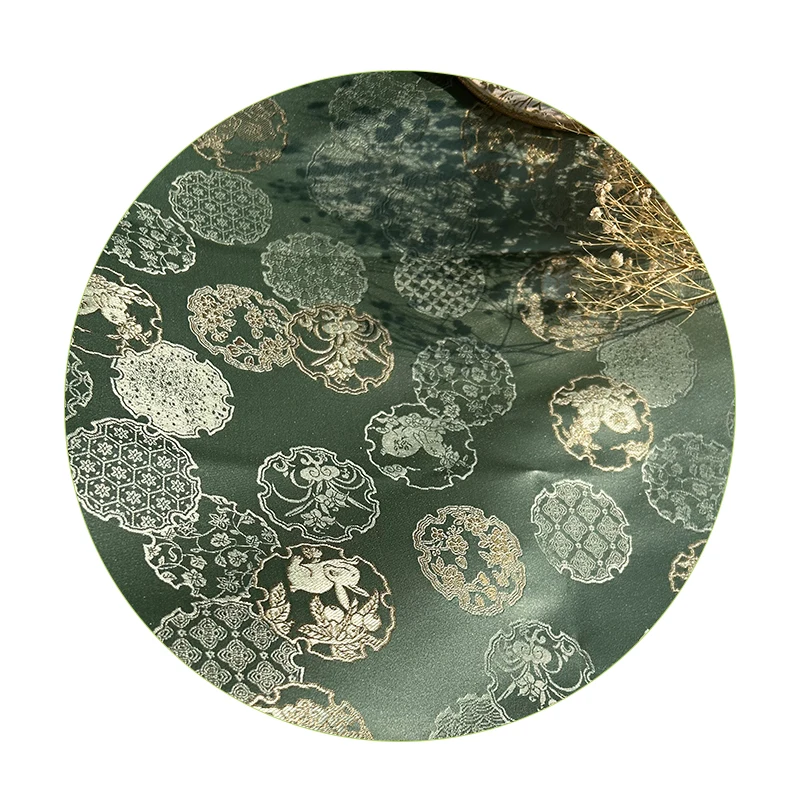

Bean Green Brocade Cloth Snow Wheel Pattern Retro Jacquard Satin Ancient Costume Vest Clothing Fabric