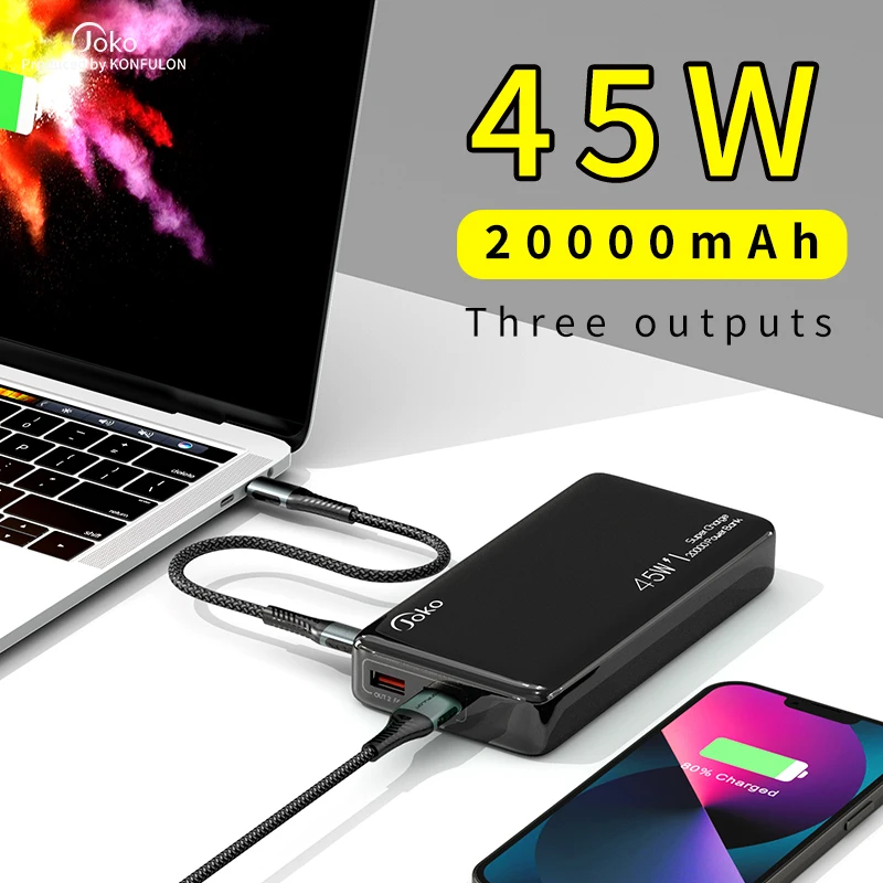 Фото 45 Вт Power Bank 20000 мАч PD3.0 Портативный зарядный аккумулятор для мобильного телефона Внешний аккумулятор QC 3.0 Зарядное устройство 22,5 Вт Poverbank 20000 №1