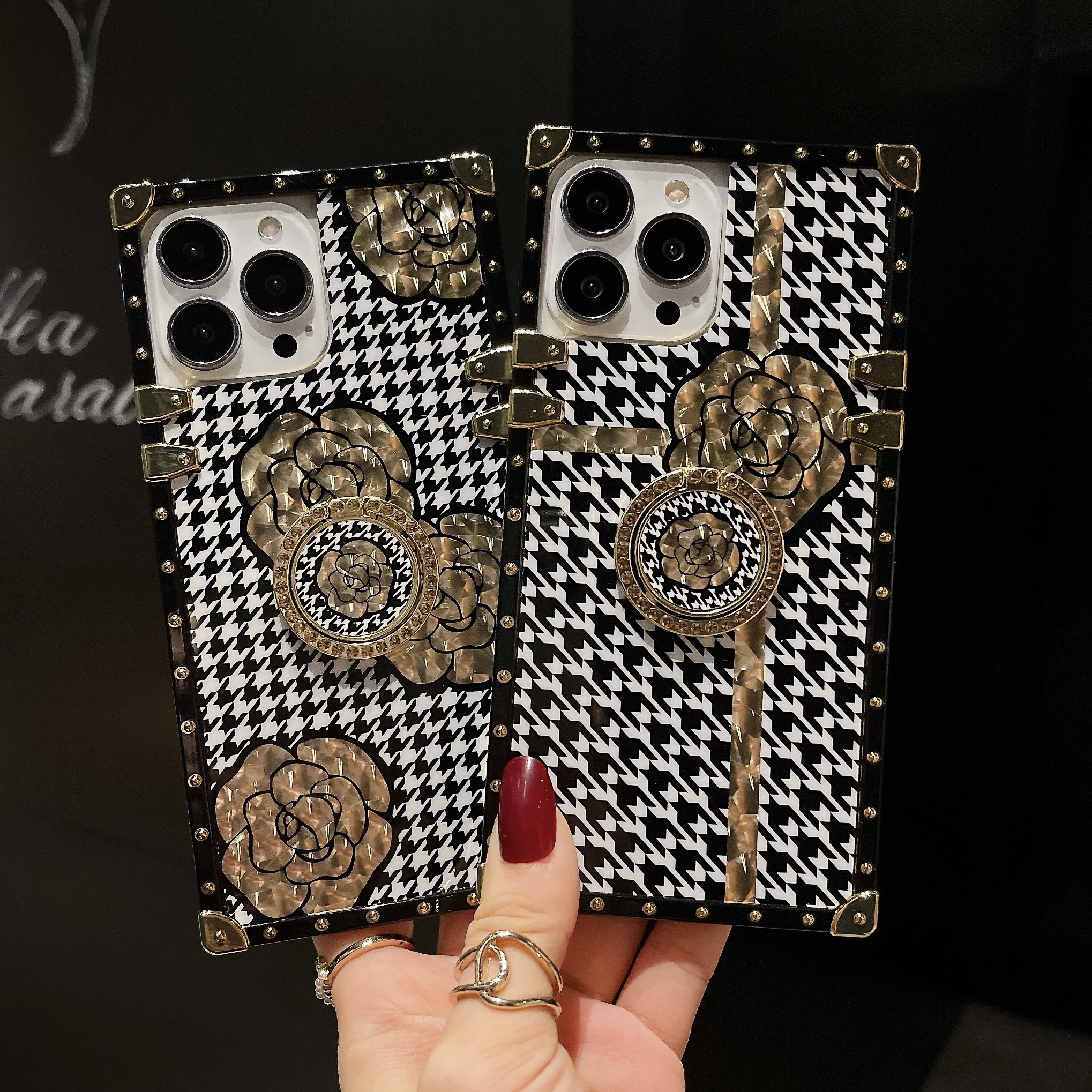 

Роскошный блестящий клетчатый квадратный чехол для iphone 14 PRO MAX 11 12 PRO XS XR 8 14 чехол с рисунком «гусиная лапка» и цветком розы для iphone 13 PRO MAX