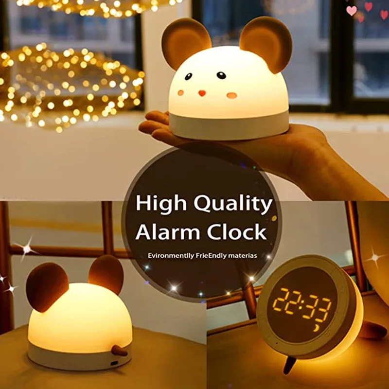 

Kids Alarm Clock Cute Mouse Alarm Clocks with Night Light Usb Rechargeable Changing Color Soft Lights Wake Up led clock