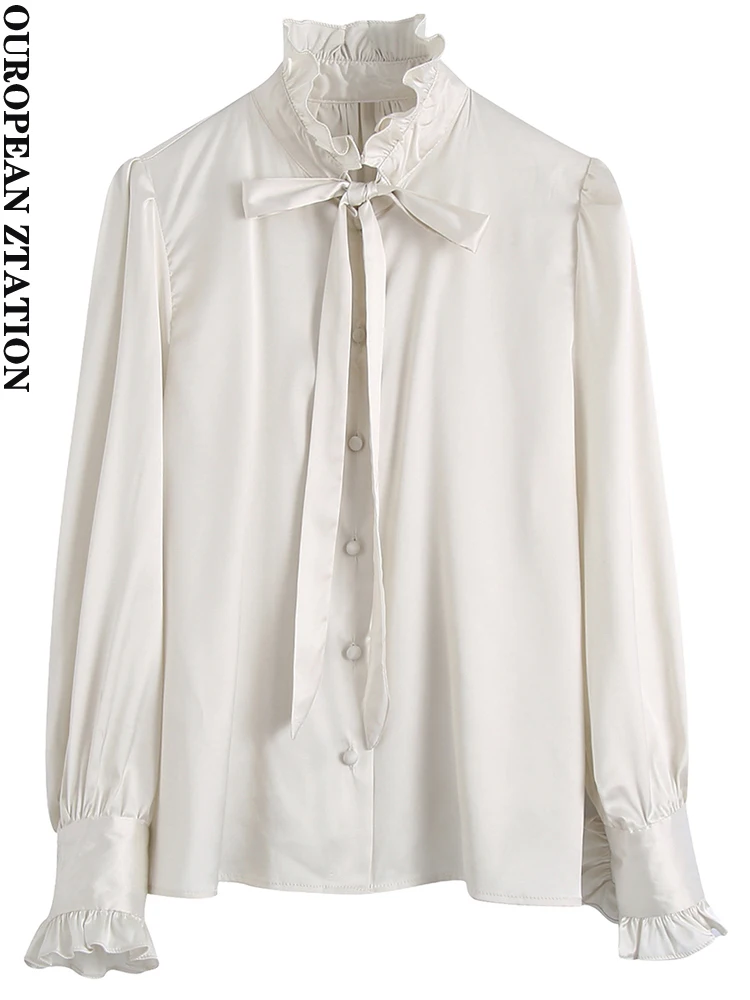 

PAILETE Women 2022 fashion with bow tied fitted blouses vintage long sleeve button-up female shirts blusas chic tops