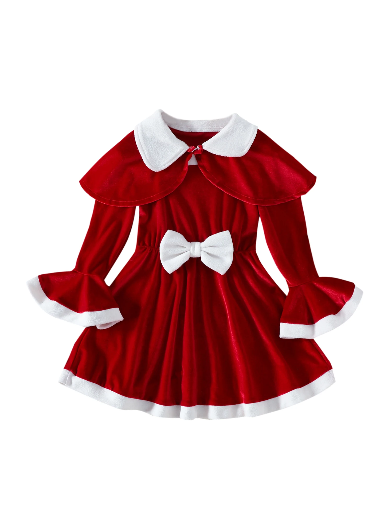 

YQYJA Toddler Kids Girls Christmas Velvet Dress Long Flared Sleeve Bowknot Tutu Dress Lapel Cloak 2 Pieces Clothes Sets