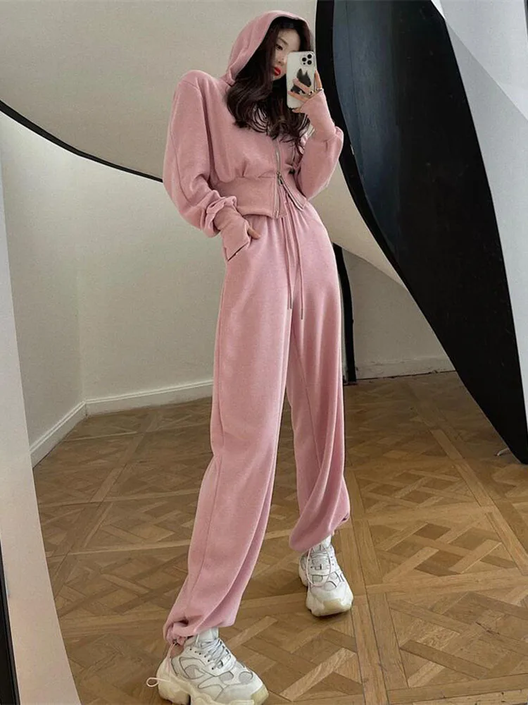 

Leisure Sports Suits Women Spring Autumn New Sportswear Short Zipper Top High Waist Wide-Leg Pants Two-Piece Fitness Exercise