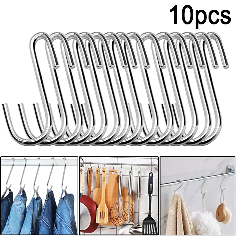

10pcs Stainless Steel S-Shape Hook Kitchen Bedroom Multi-function Railing S Hanger Hook Clasp Holder Hooks Hanging Storage Tools