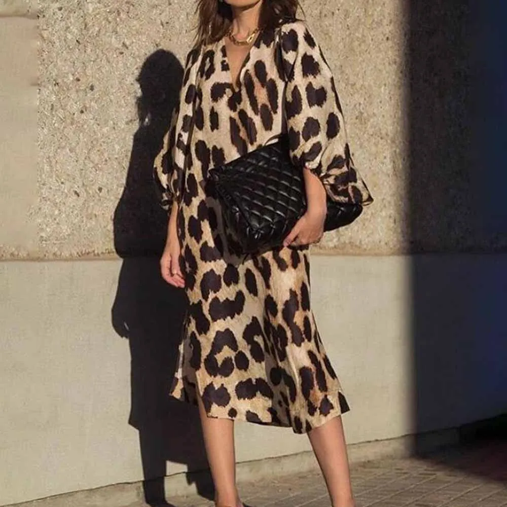

Женское длинное платье с леопардовым принтом, свободное элегантное платье с V-образным вырезом и длинными рукавами-фонариками, весна-осень