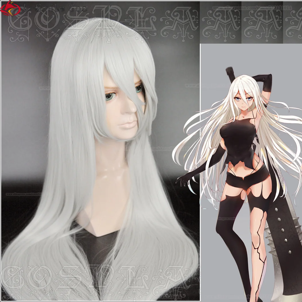 

Anime YoRHa No.2 Type A Cosplay Wig NieR:Automata A2 Cosplay Wigs 100cm Long Silver White Heat Resistant Hair Cos Wigs + Wig Cap