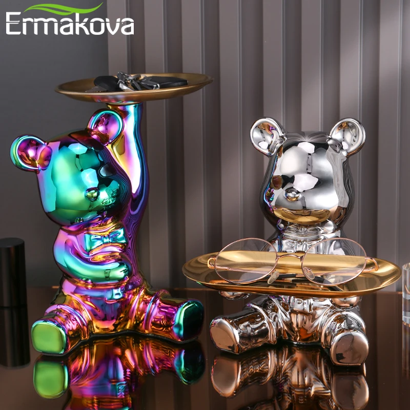 ERMAKOVA  Sculpture Resin Colorful Plating Bear Storage Box Home Living Room Desktop Storage Tray Decorative Statue