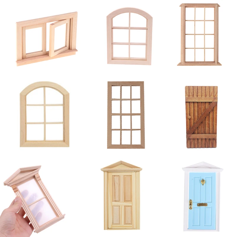 1PC 1:12 Dollhouse Miniauture Wooden Door Window Frame DIY Mini Plain Unpainted Wood Doors Windows Modle Doll Houses Accessories