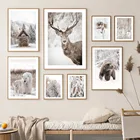 Картина на холсте с изображением зимнего оленя, белого медведя, сушеных цветов, травы, озера, настенный постер в скандинавском стиле для декора гостиной
