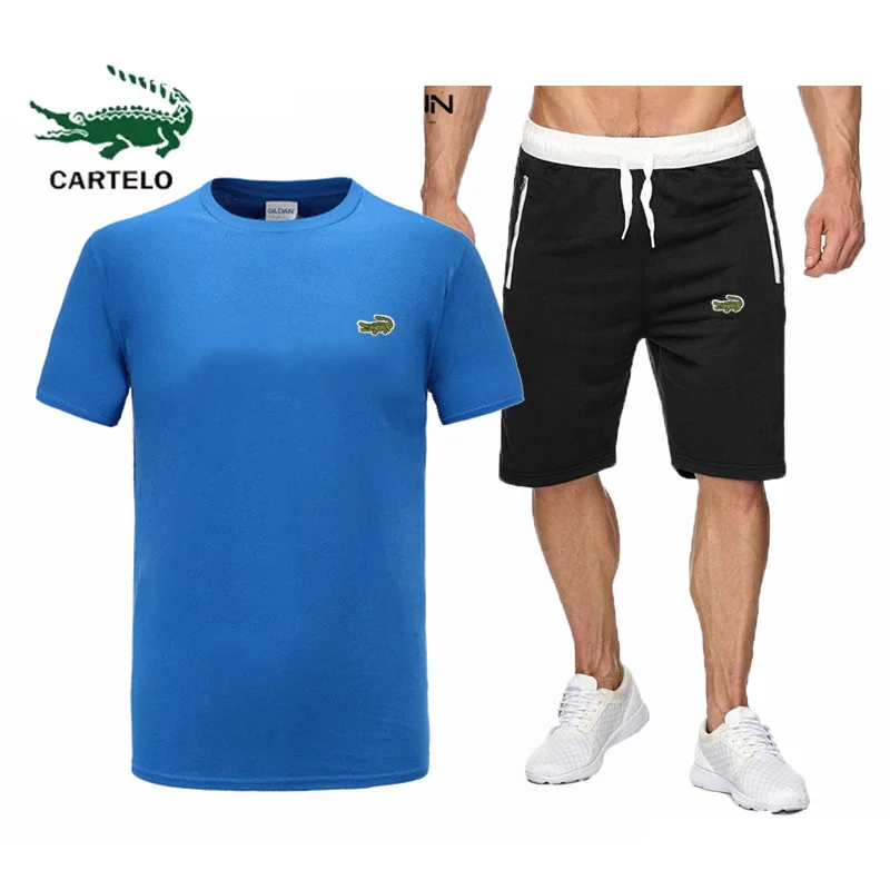 High quality luxury 2023 summer new men's short sleeve T-shirt + shorts set fashion solid color T-shirt men