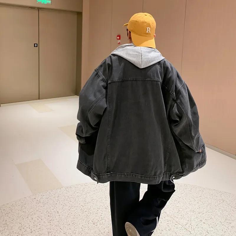 Trendy Denim Jacket For Men Loose Fit Hooded Versatile Autumn/Winter Fashion Ins Two-Piece Illusion Top Casual Scene