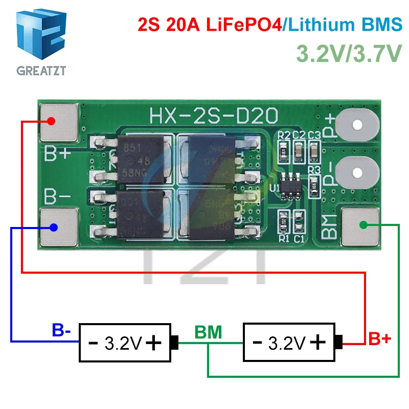 Фото Плата защиты аккумуляторов LiFePO4 / литиевых 18650 32650 GREATZT 2S 6.4V 7.4V 20A с рабочим током 13А и ограничением тока 20А №4