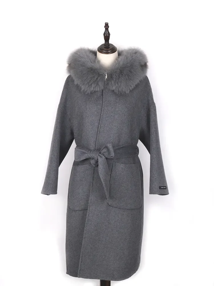 

2023 New Genuine Fur Coat Winter Jacket Women 100% Natural Fox Fur Leader Mouth Cashmere Wool Blended Oversized Jacket