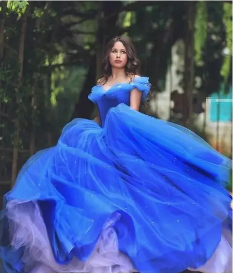 

Royal Blue Quinceanera Dresses Ball Gown Off The Shoulder Puffy Tulle Beaded Party Sweet 16 Dress