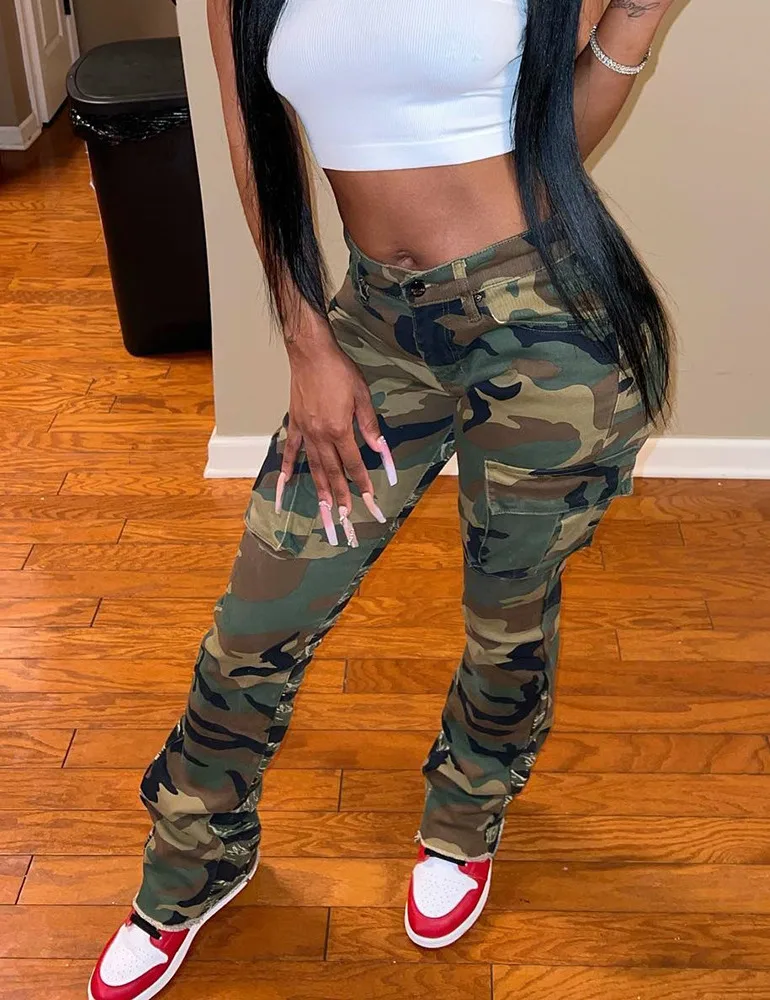 

Модные женские брюки, облегающие длинные прямые брюки с карманами, высокой талией, на молнии, на пуговицах, Сращенные камуфляжные брюки, весна 2023, новинка O419