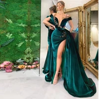 Emerald Green Velvet Sheer Neck Mermaid Evening Dress Dubai High Slit Formal Dress 2022 Arabic Prom Party Gown robes de soirée