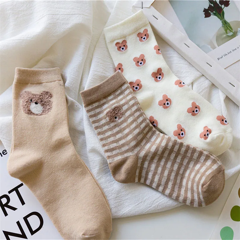 

3Pairs Cute Cartoon Printing Bear Women Socks Sports Casual Cotton Breathable Girls Short Sock Japanese Fashion Kawaii Sokken