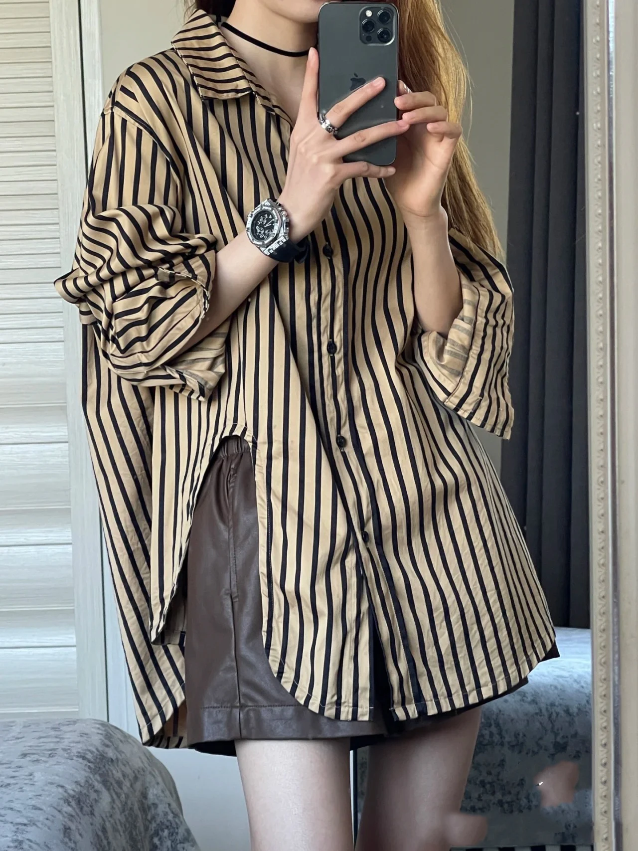 Дизайнерские рубашки в вертикальную полоску весенне-летние маленькие 50 женские