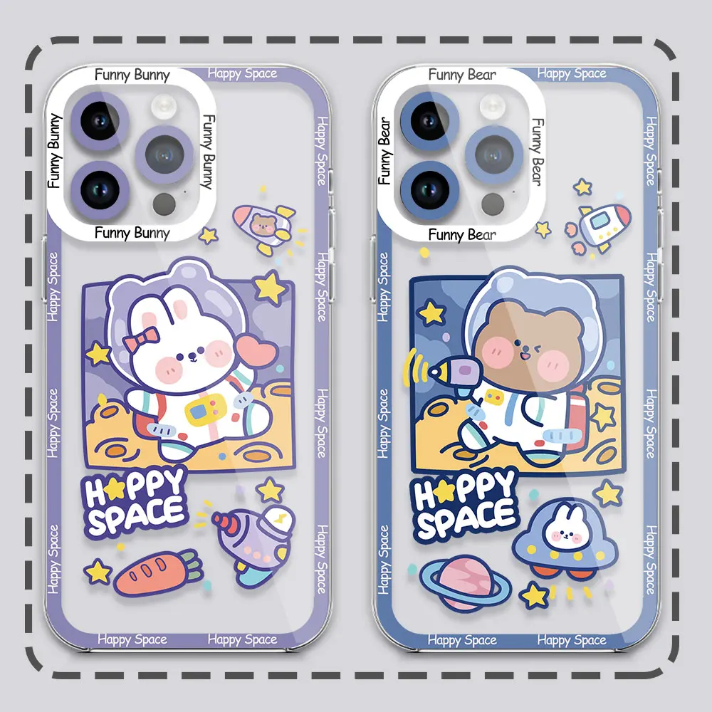 

Bunny Astronaut Couple Phone Case for iPhone 7 8 Plus X XR XSMAX 11 12 13 14 Mini Pro Max Clear Soft Silicone Transparent shell