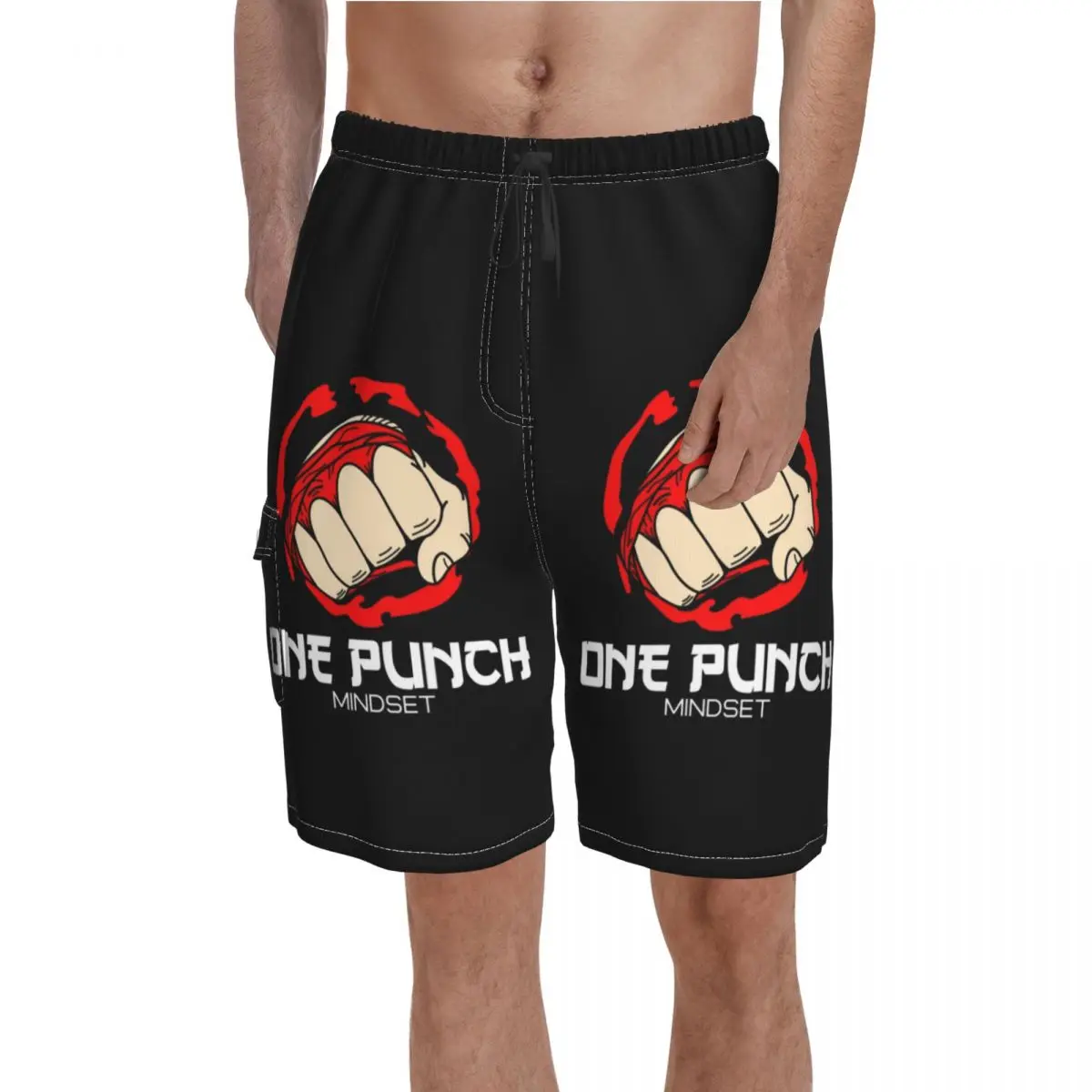 

One Punch Man Mindset Board Shorts boxer red fist hand anime japan Funny Beach Short Pants Male Printing Oversize SwimTrunks