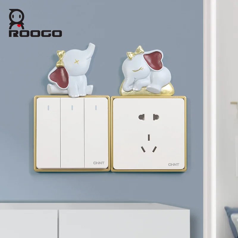 

ROOGO Resin Switch Wall Sticker Cartoon Elephant Design Light Switch 3D Sticker Socket Decoration Adesivos Para Parede