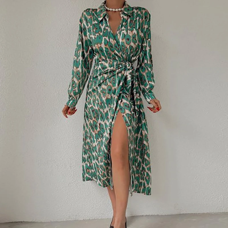 

Autumn Women's INS Style Leopard Printed Long Sleeves Lace-up Dress Fashion Turn-down Collar Elegant Commute High Street Dresses