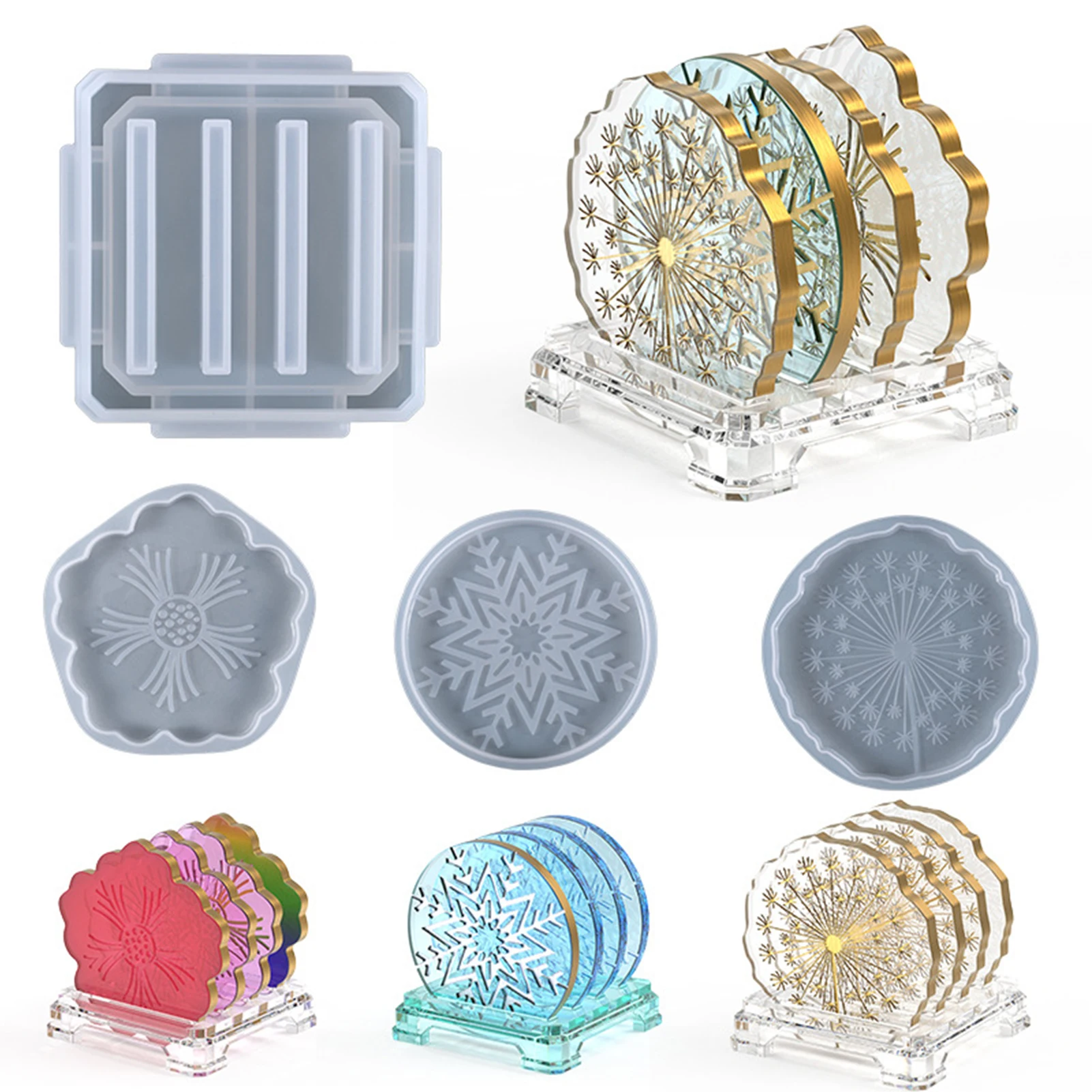 

4pcs Resin Coaster Molds Set 3pcs DIY Epoxy Resin Silicone Mold And 1pc Coaster Base Mould, Different Pattern Cup Pad Molds
