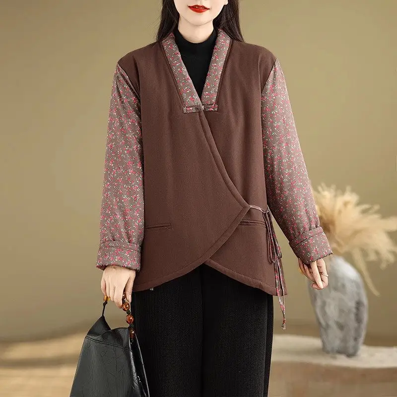 Женская стеганая куртка из хлопка и льна толстое теплое пальто с перекрестным