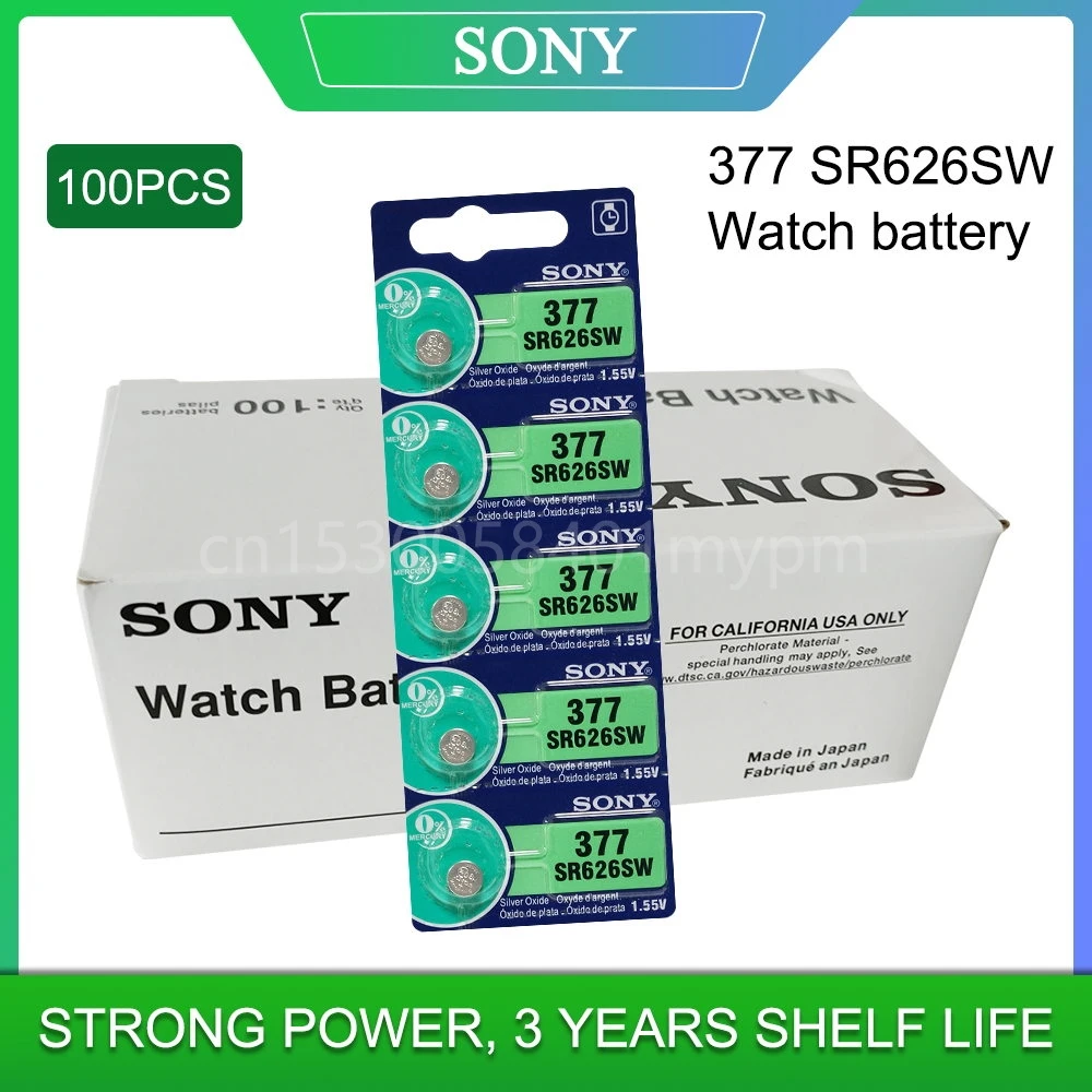 

New 100PCS for Sony Original 377 SR626SW SR626 AG4 1.55V Silver Oxide Watch Battery SR626SW 377 177 376 Button Coin Cell