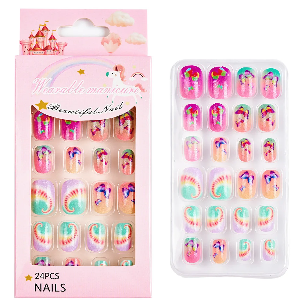 24Pcs/Set Kids False Nails Cute Cartoon Cat Stiletto Tips Fake Nail UV Gel Manicure DIY Press On Full Cover False Nail Xmas Gift images - 6