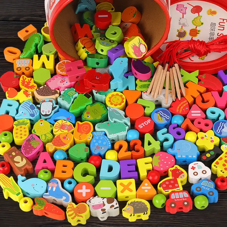 

100pcs/SET Wooden Animal Fruit Block Stringing Beaded Toys for Children Learning & Education Colorful Products Kids Toy Gift