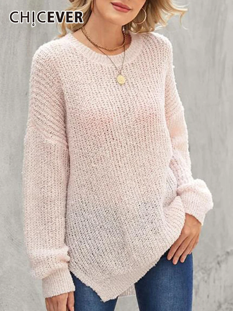 

CHICEVER Minimalist Loose Sweater For Women Round Neck Long Sleeve Split Side Solid Knitting Autumn Pullover Sweaters Female New