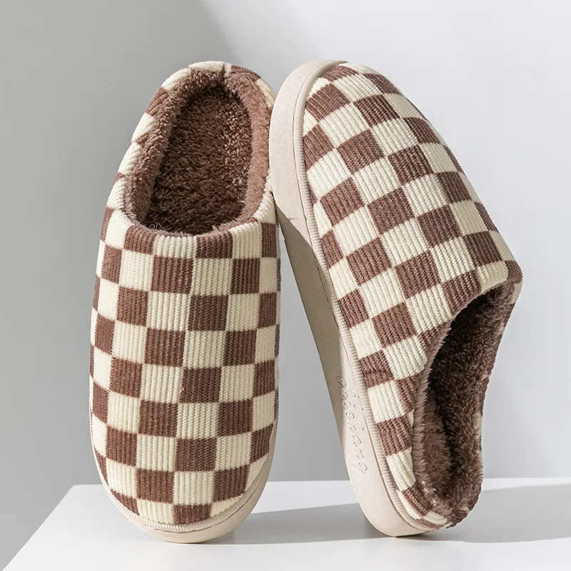 Novelty Plush Slippers for Women Home Checkered Fluffy Winter Warm Women Slippers Indoor Winter Plush Comfortable Slippers