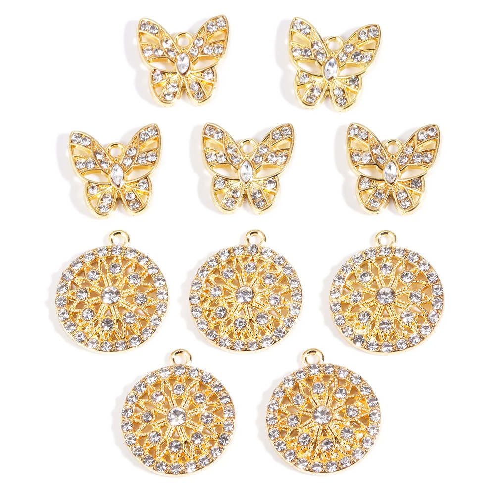 

10Pcs High Quality Gold Butterfly Rhinestone Round Alloy Metal Pendant Charm For DIY Earring Jewelry Making Ornament Accessories