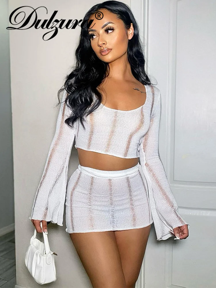 Dulzura Women Knitted Sexy Y2K Outfits Crochet 2 Piece Sets Long Sleeve Hollow Out Crop Top High Waist Mini Skirts Matching Suit